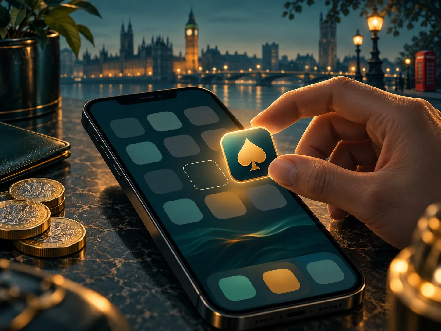 Semi-realistic digital painting of a smartphone home screen with an abstract app icon being added, deep teal and amber palett