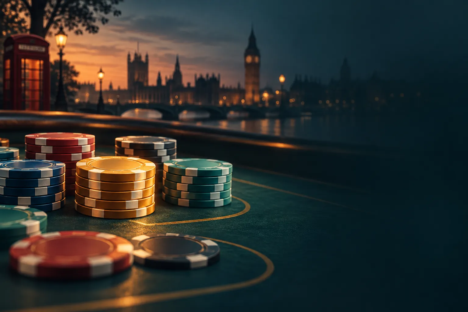 Row of colourful abstract casino chips on a dark teal table with one chip highlighted in warm gold, editorial style