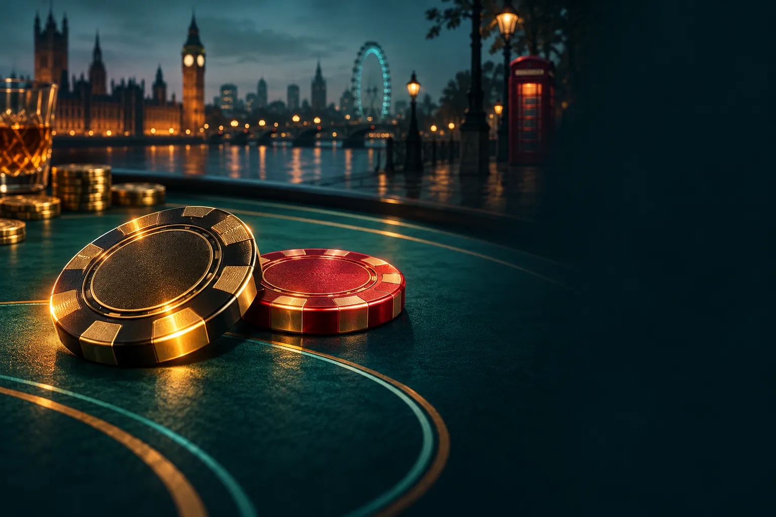 Two abstract gold and red casino chips on a dark teal table with soft neon glow, cinematic editorial hero banner style