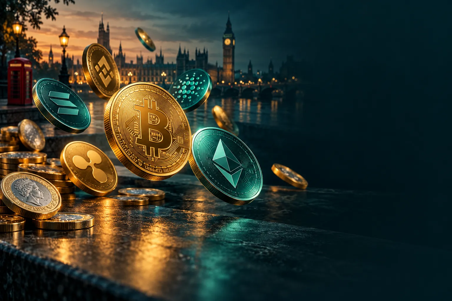 Gold and teal abstract crypto coins floating above a dark surface with cinematic lighting and a calm, trustworthy editorial m