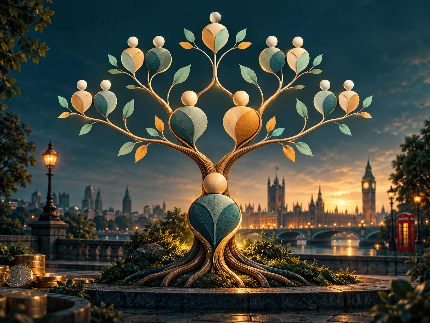 Abstract family tree diagram with teal and amber geometric shapes, cinematic lighting, UK-themed editorial illustration