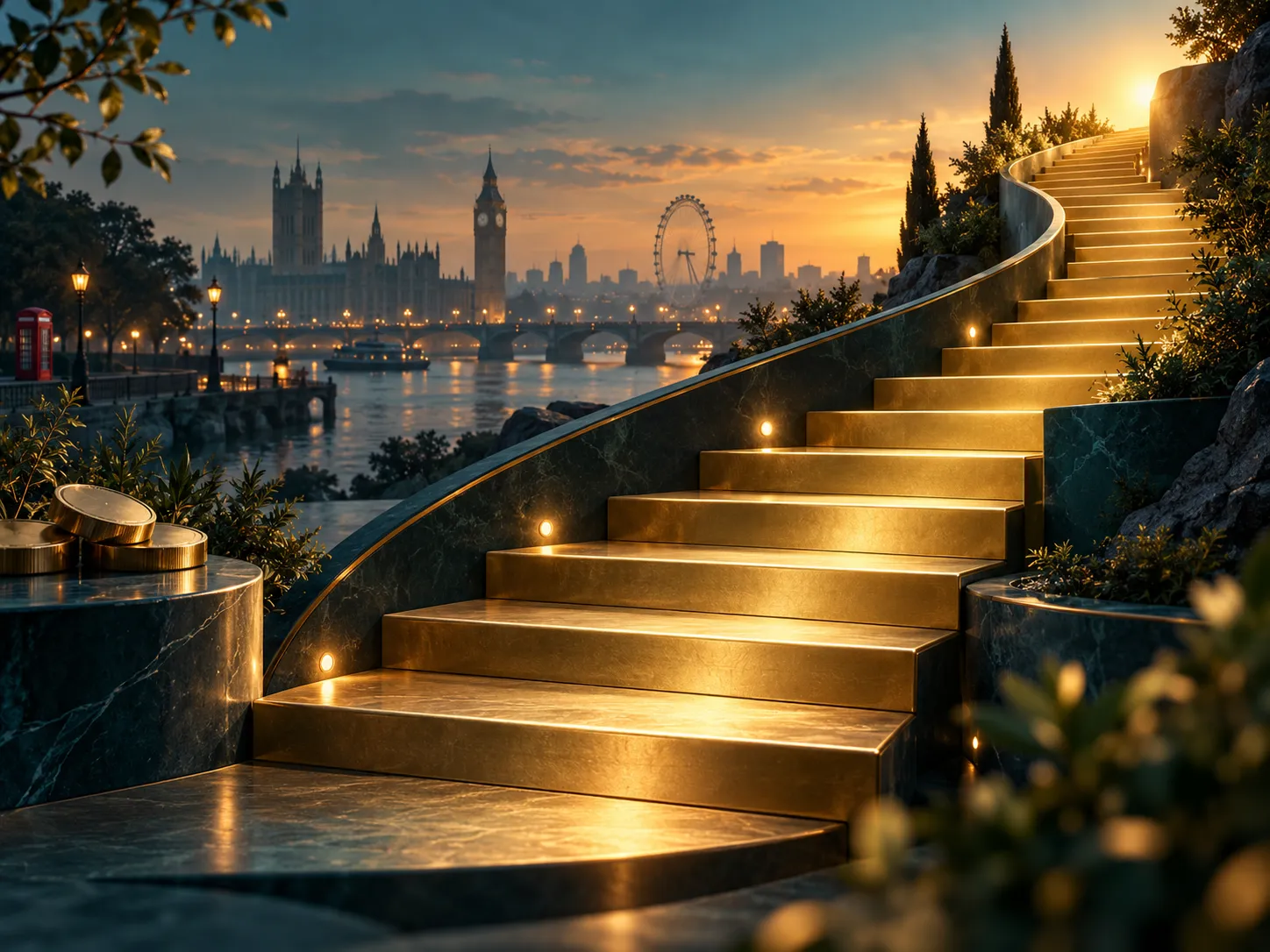 Abstract golden staircase ascending against a deep teal background with warm amber highlights and soft cinematic lighting