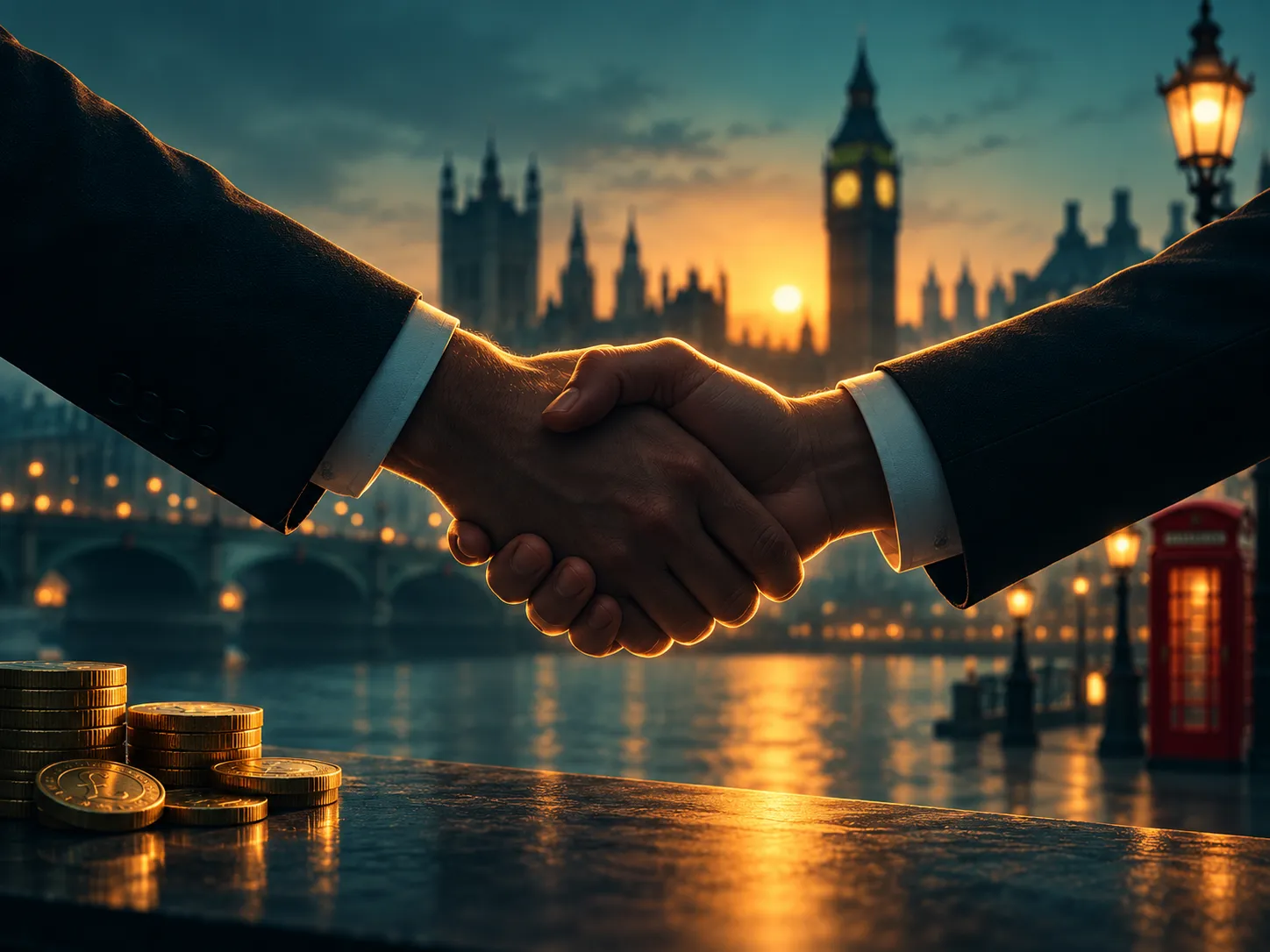Abstract handshake silhouette in deep teal and warm amber tones with faint London skyline, evoking trust and transparency