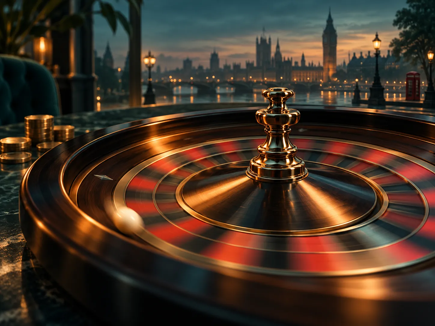 Abstract roulette wheel spinning in deep teal and warm amber tones, soft cinematic lighting, premium editorial illustration s