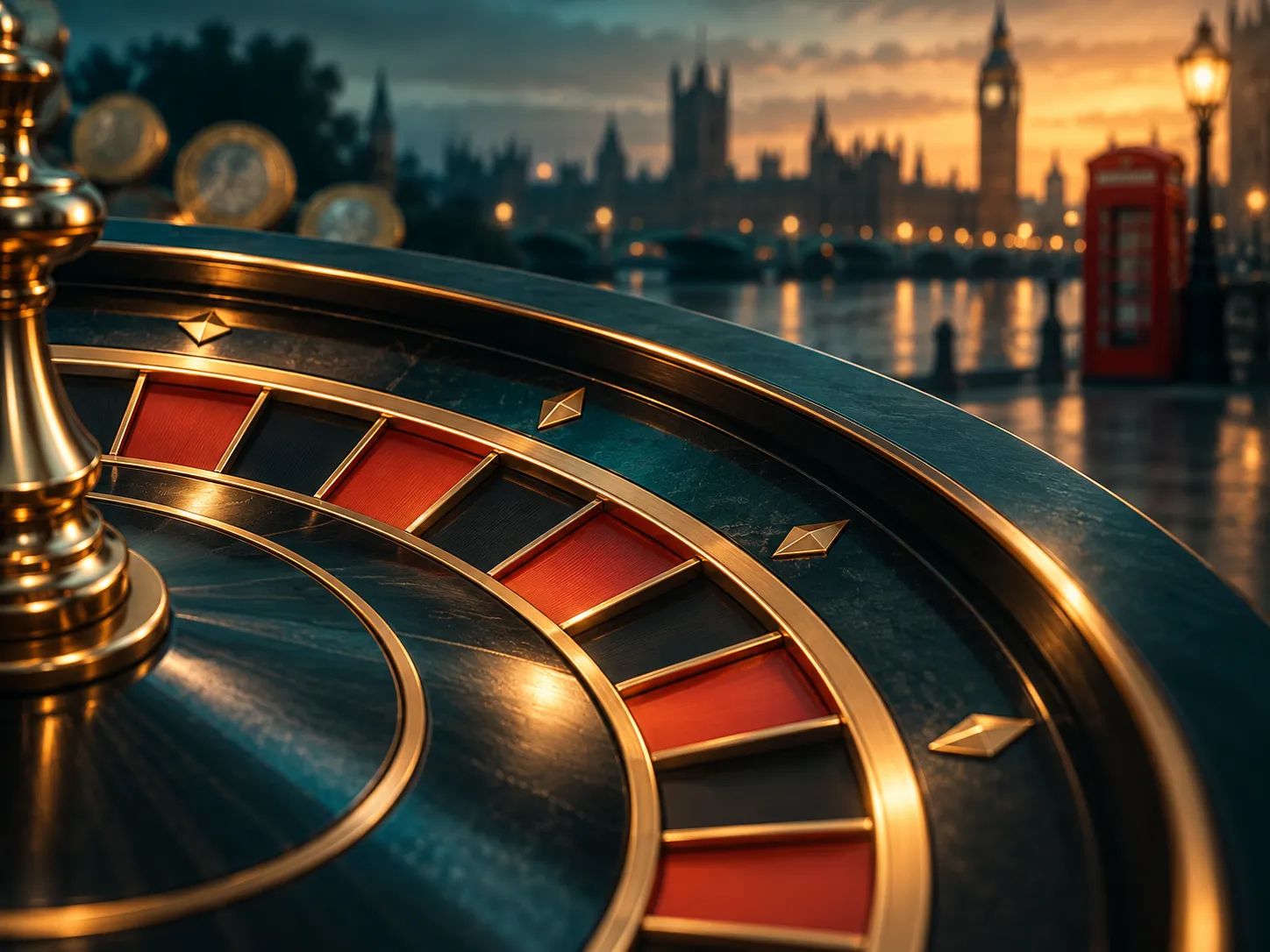 Abstract roulette wheel segment illuminated in cinematic amber and deep teal tones, evoking calm trust for a UK casino editor
