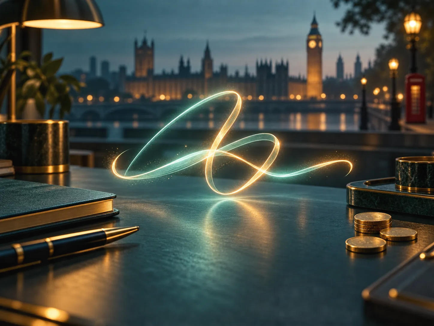 Abstract glowing signature light trail illustration with deep teal background and warm amber accents, UK casino editorial sty