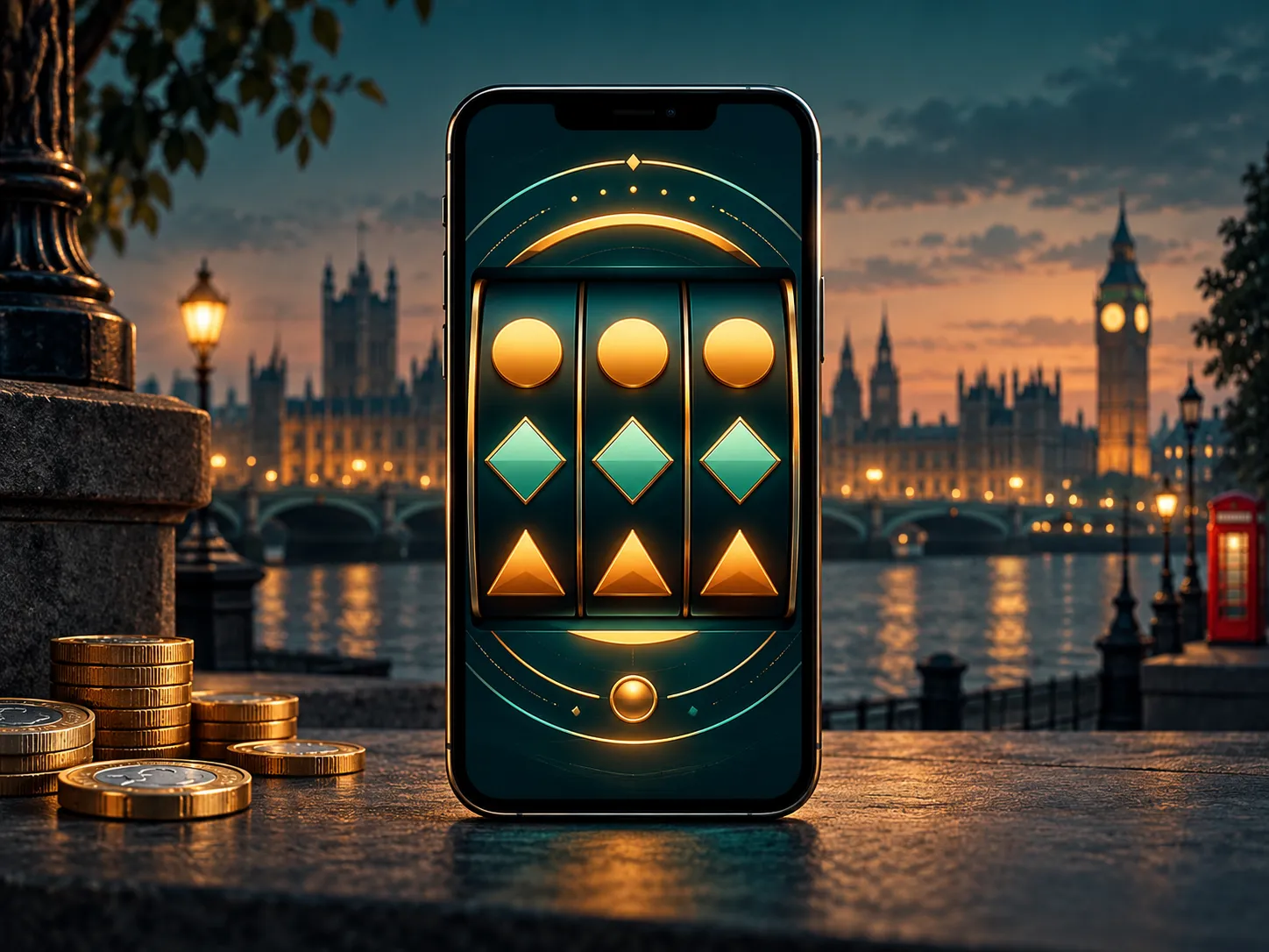 Semi-realistic digital painting of a smartphone with abstract slot reels, deep teal background, amber highlights, subtle Lond