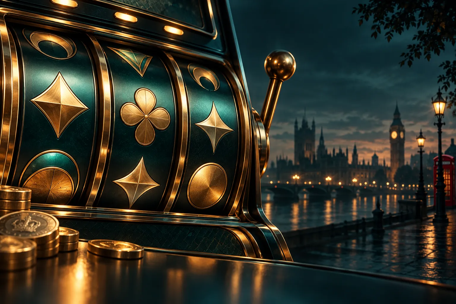 Abstract slot machine reels featuring gold symbols against a deep teal background, editorial digital painting with warm amber