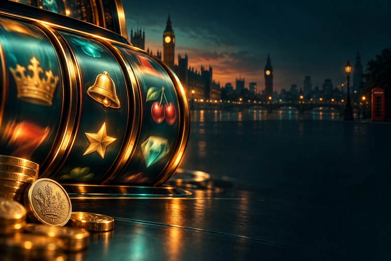 Abstract spinning slot reels with warm gold highlights against a deep teal background, editorial style hero banner for UK cas