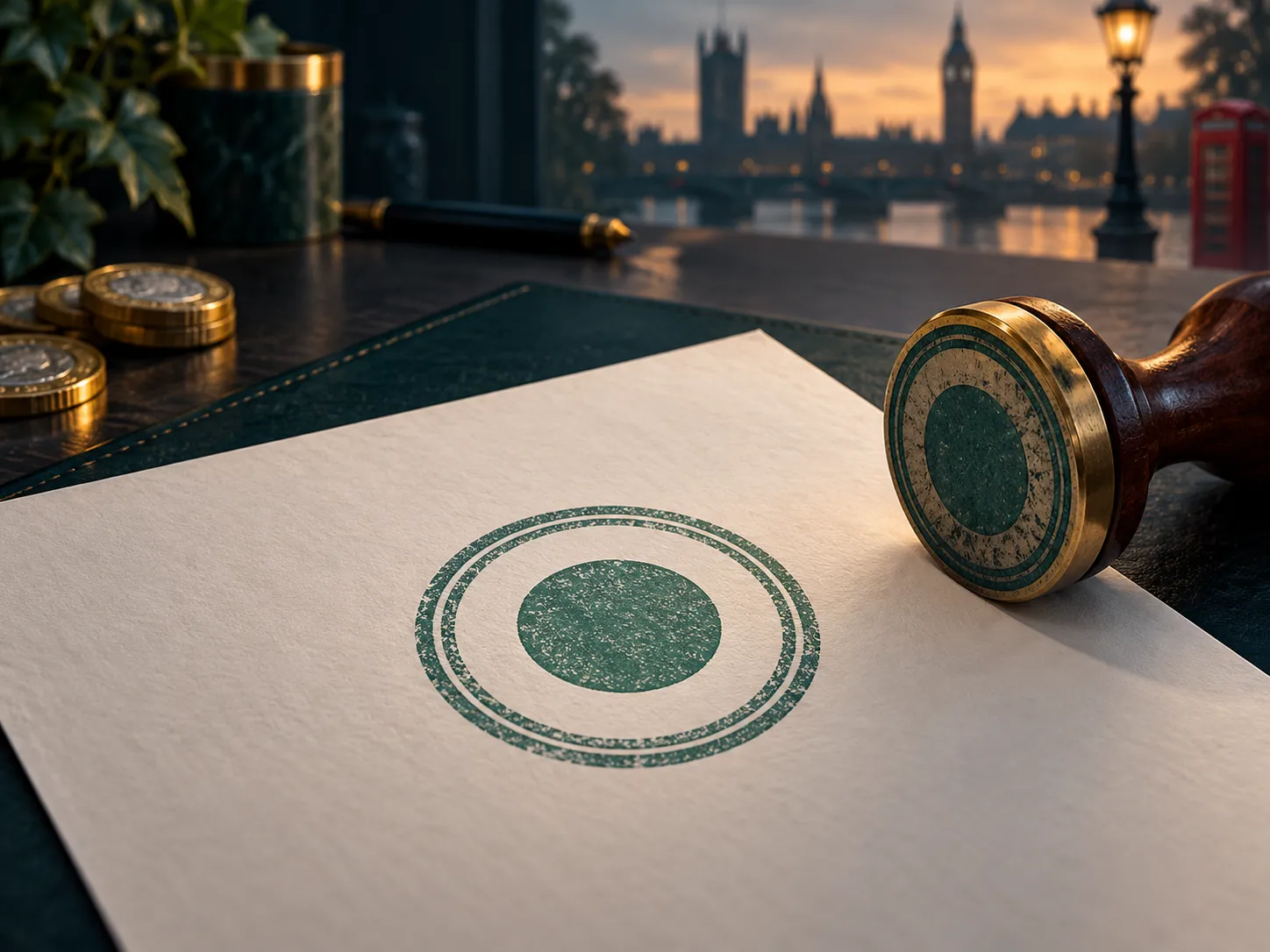 Abstract semi-realistic illustration of a stamped official document page with deep teal and amber tones, soft cinematic light