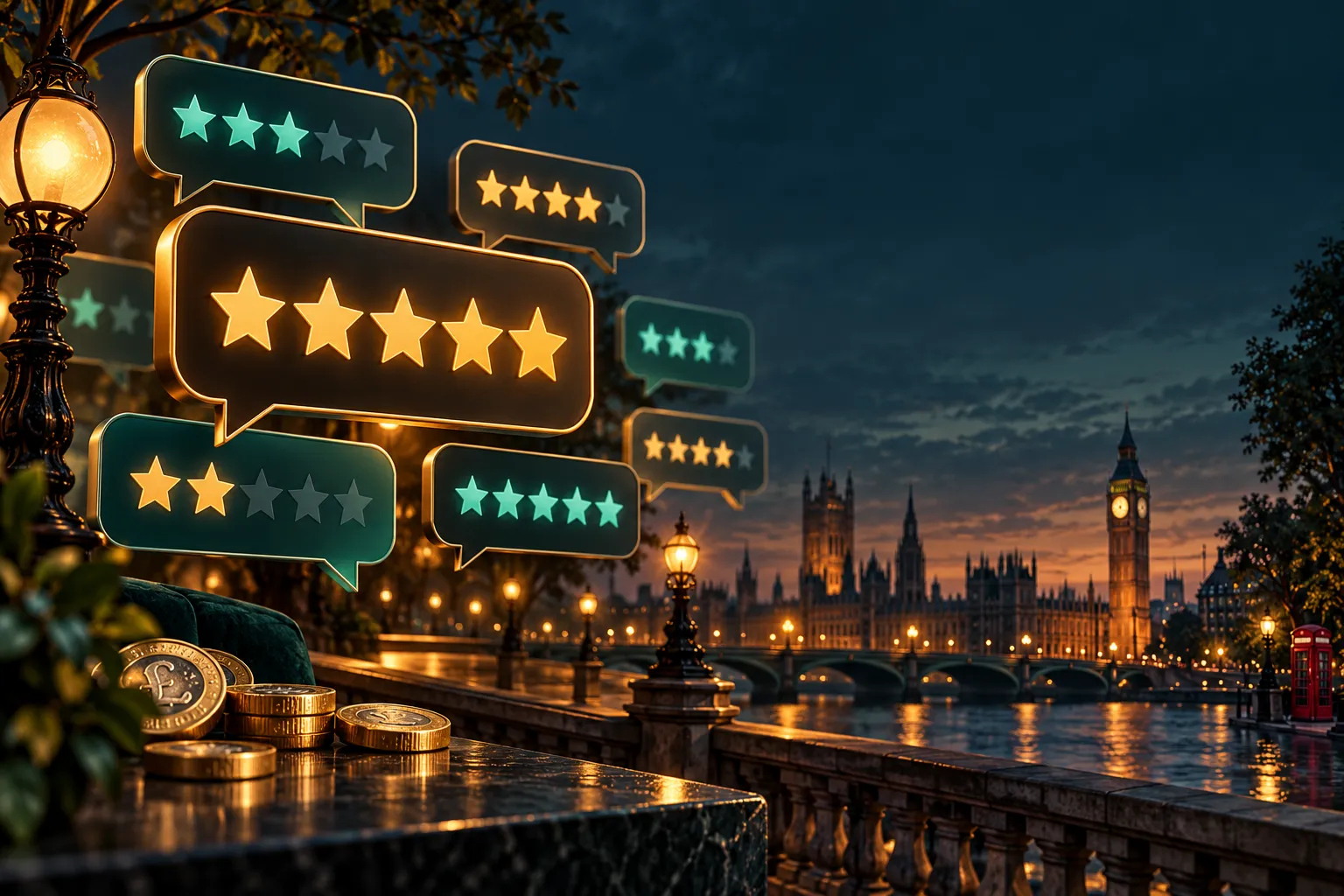 A wall of abstract speech bubbles with gold and teal star ratings on a deep teal and charcoal background with warm amber acce