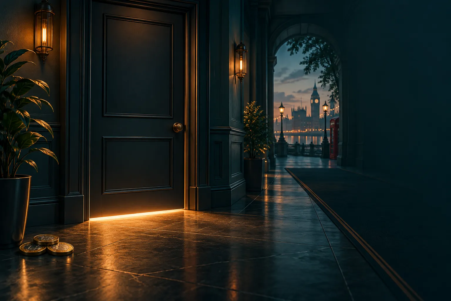 Dark teal corridor with a closed door casting a warm amber glow underneath, cinematic editorial mood