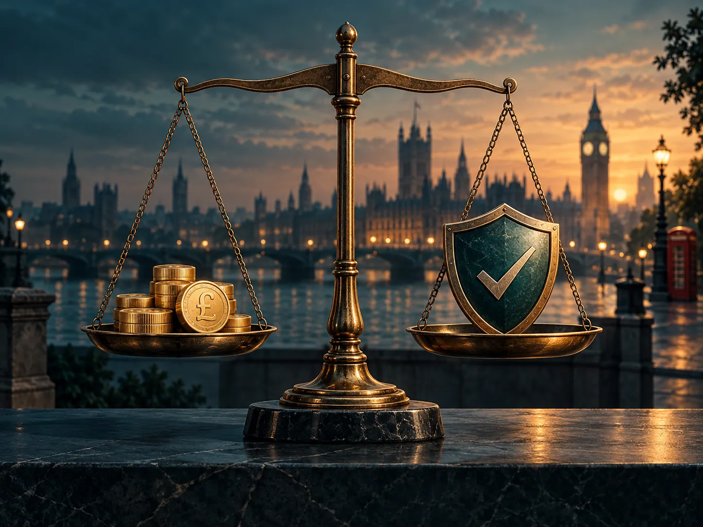 A balance scale with gold coins on one side and a protective shield on the other, set against a deep teal background with war