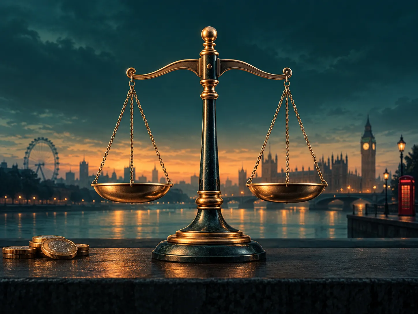 Minimal balance scale illustration with deep teal and amber tones, subtle London skyline silhouette, cinematic editorial styl