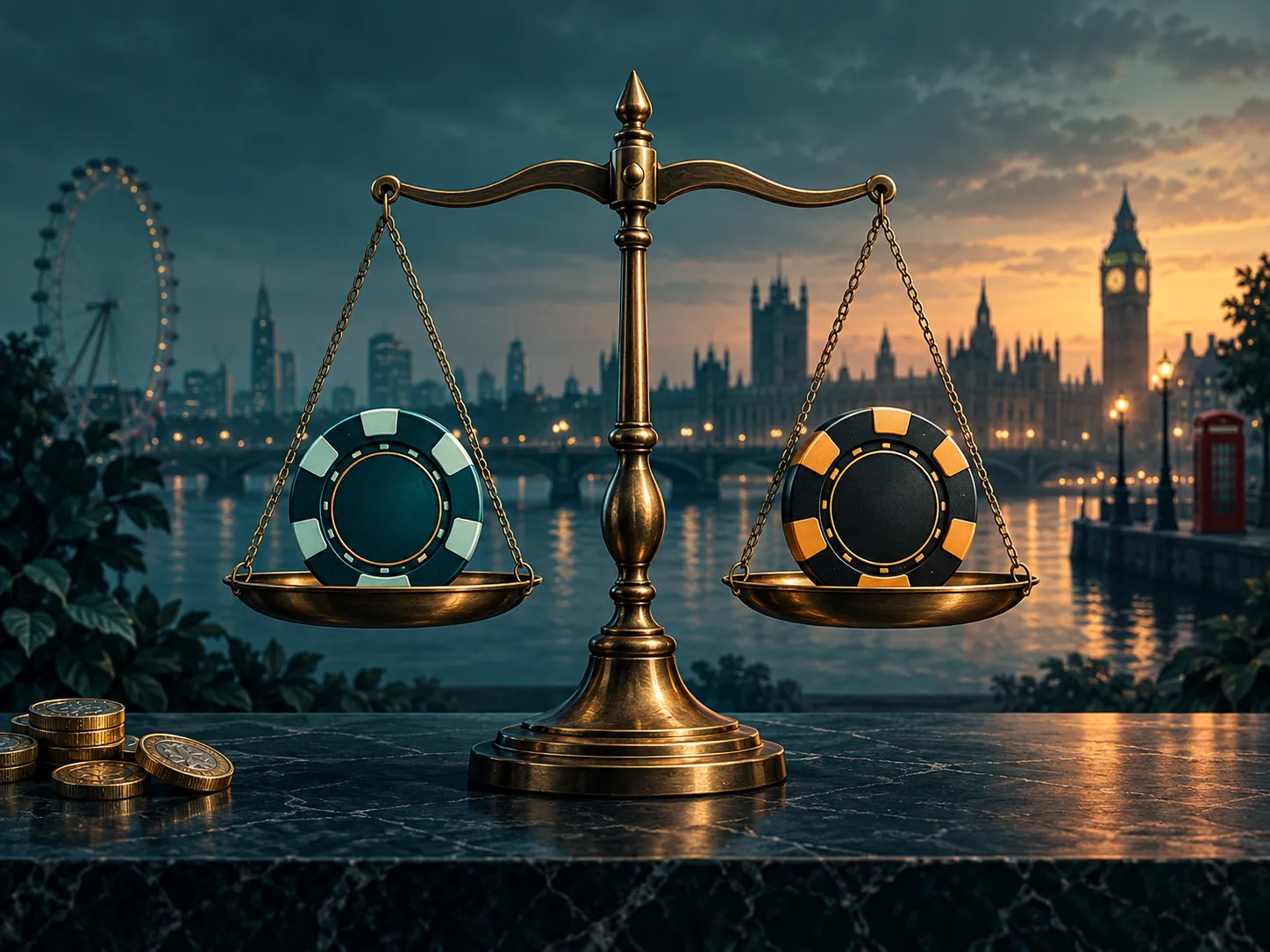 A minimalist scale perfectly balancing two casino chips, rendered in deep teal and warm amber with soft cinematic lighting, c