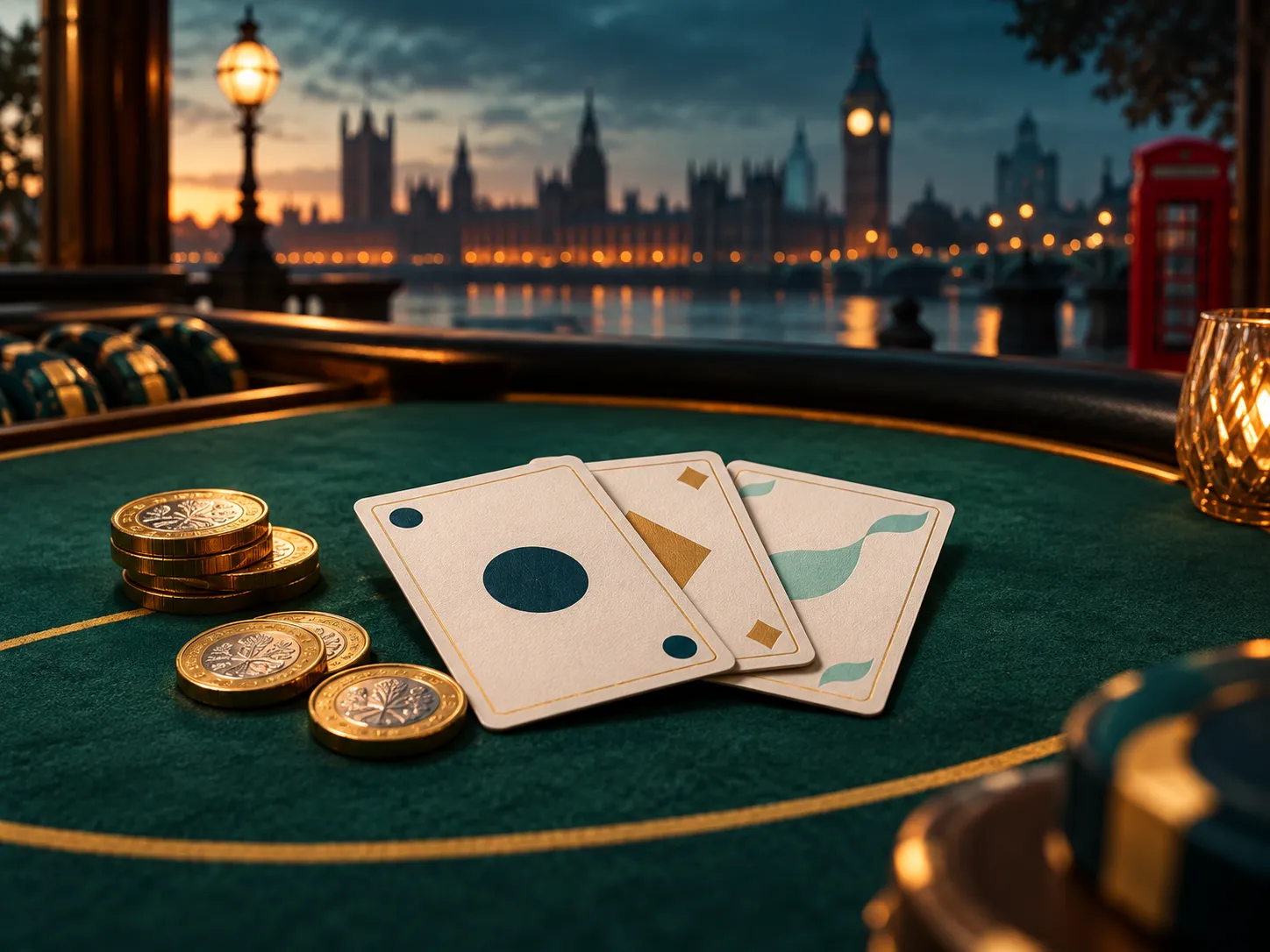 Semi-realistic digital painting of a blackjack hand resting on green casino felt, lit with warm amber and deep teal cinematic
