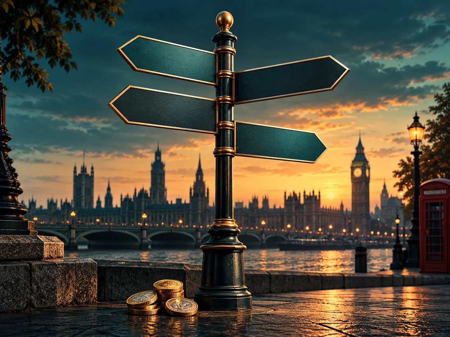 A signpost with several blank directional arrows set against a moody London skyline silhouette in deep teal and warm amber to
