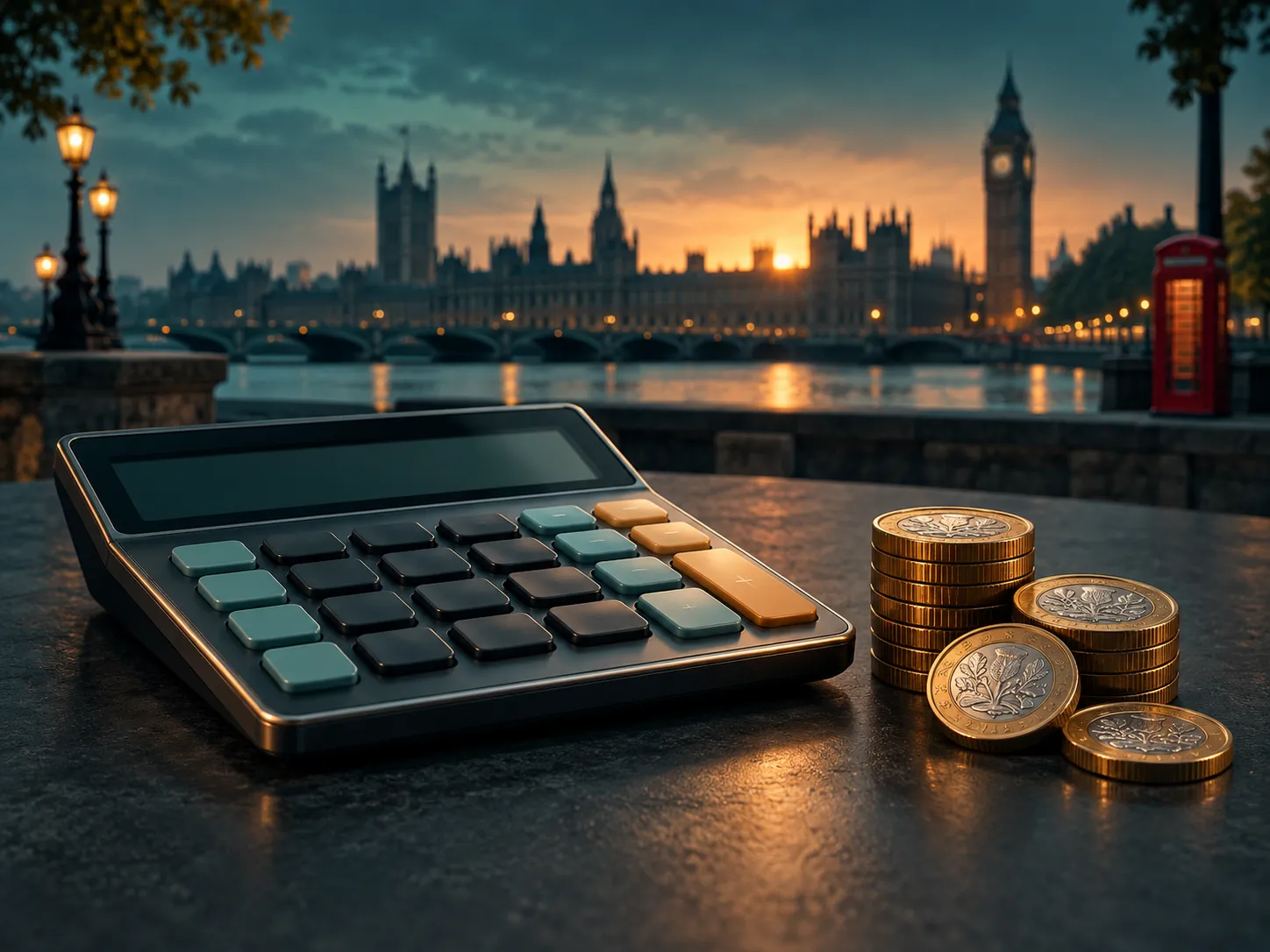 A calculator and pound coins resting on a dark teal table, soft amber light, with a faint London skyline silhouette in the ba