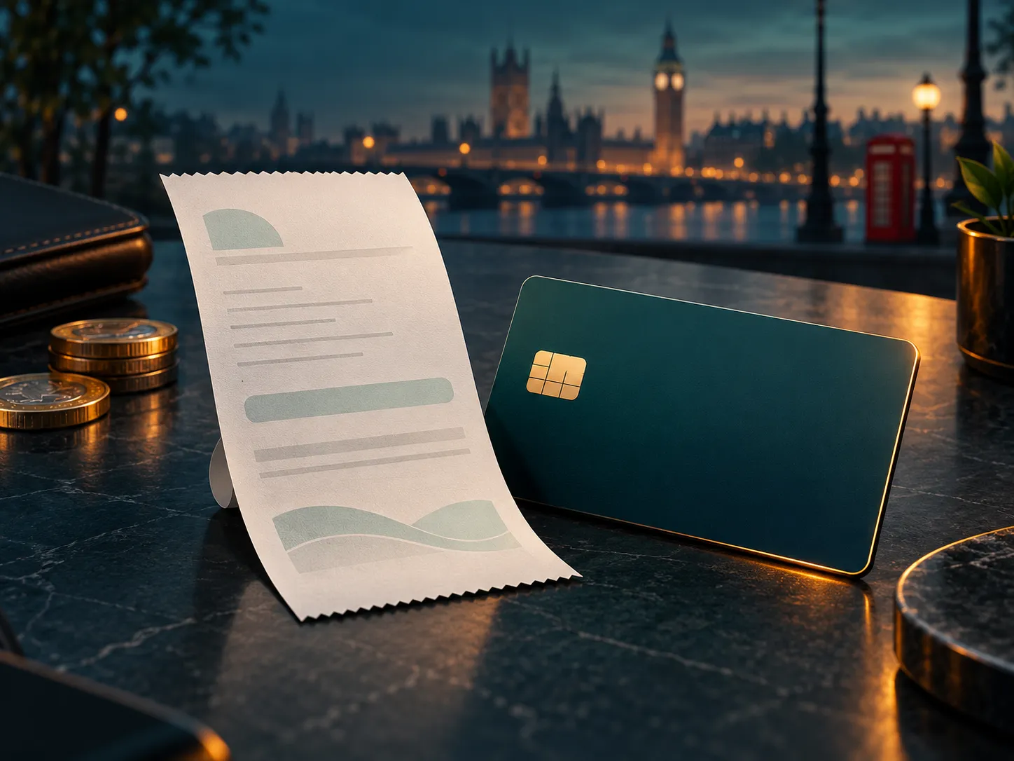A cash-out receipt and e-wallet card rest on a dark table with warm amber and teal cinematic lighting, calm trustworthy mood.