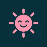 Flat vector emblem featuring a friendly round smiling sun shape in soft pink, centred on a deep teal background