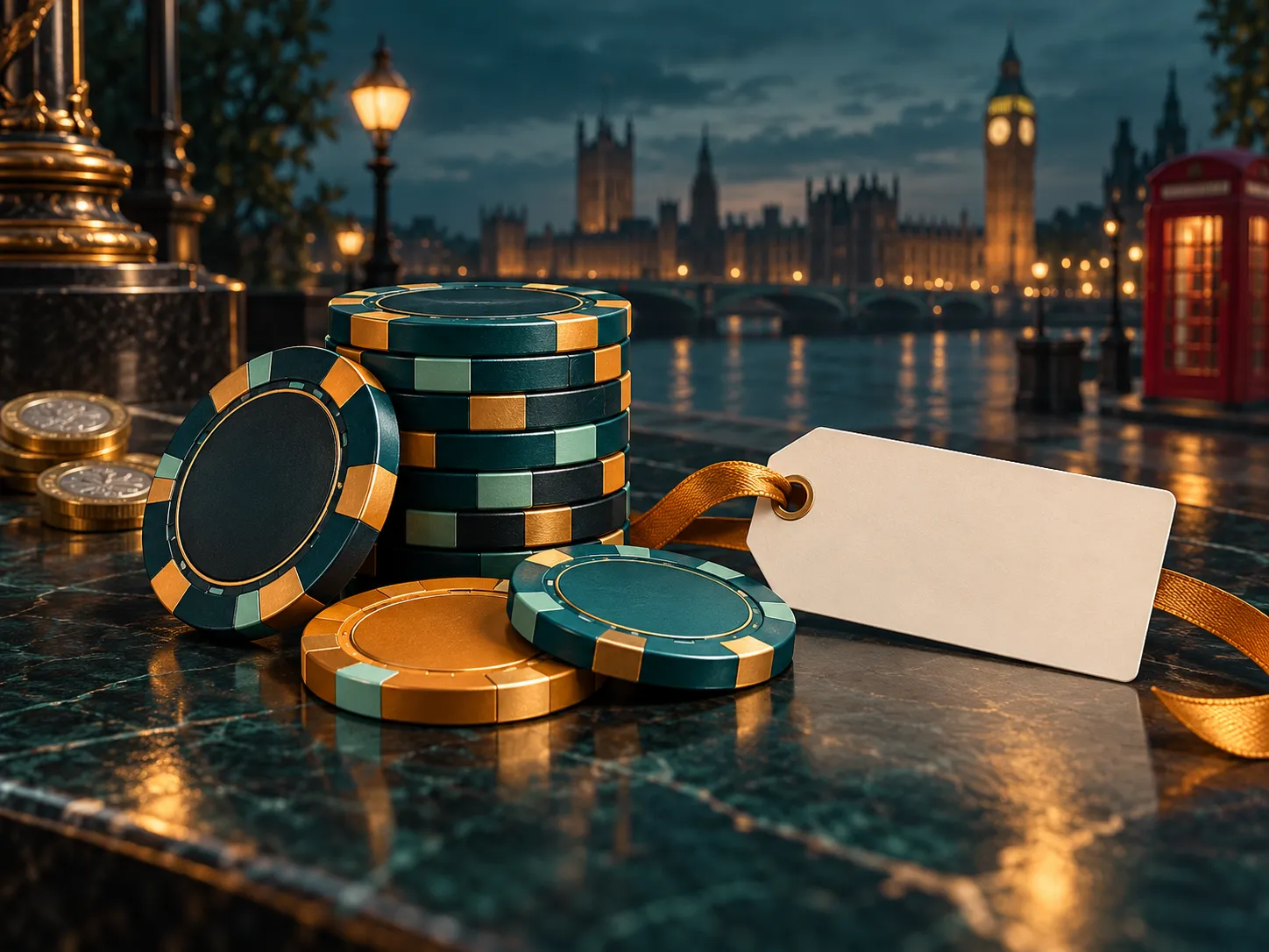 A handful of casino chips with a small blank gift tag, rendered in deep teal and warm amber tones against a charcoal backgrou