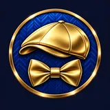 Gold flat cap and bow tie on a herringbone-pattern blue circle casino app icon on deep navy background