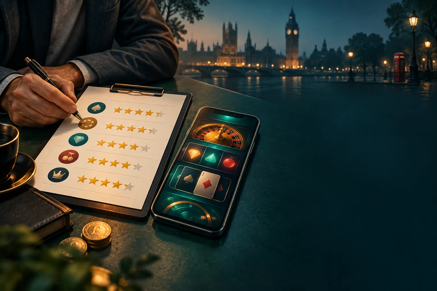 A reviewer's gold-star scorecard beside a smartphone displaying an abstract casino interface on a dark teal desk, cinematic l