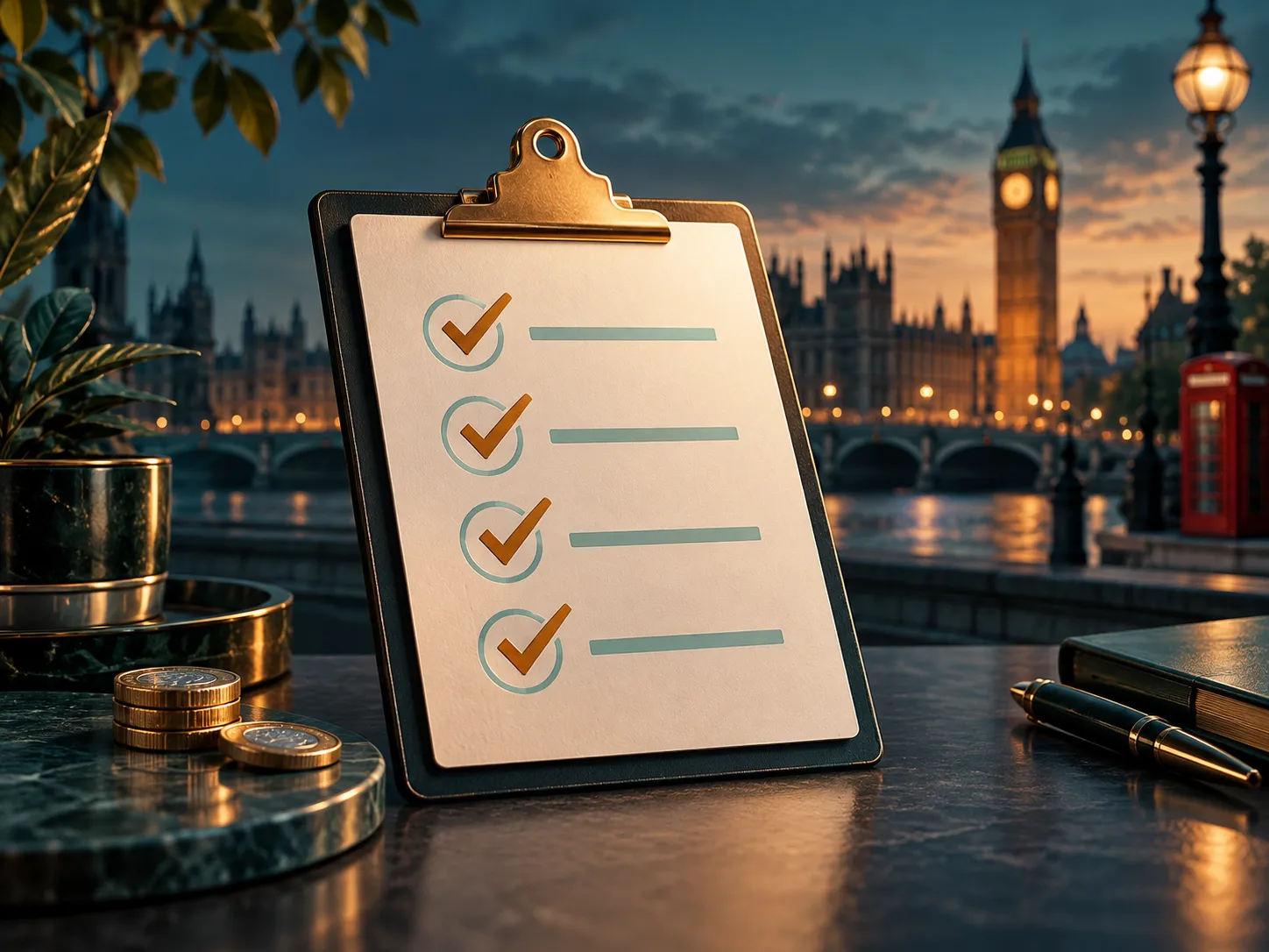 Semi-realistic digital painting of a clipboard with tick marks, deep teal background, warm amber highlights, subtle London sk