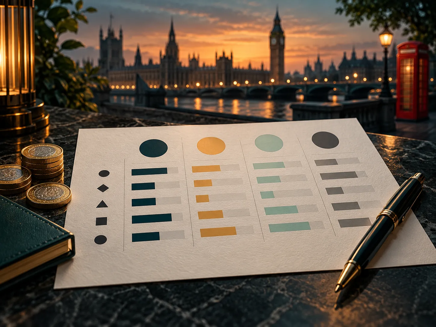 Hand-drawn abstract bar chart on paper with pen, teal and amber tones, calm trustworthy mood, UK casino review editorial illu