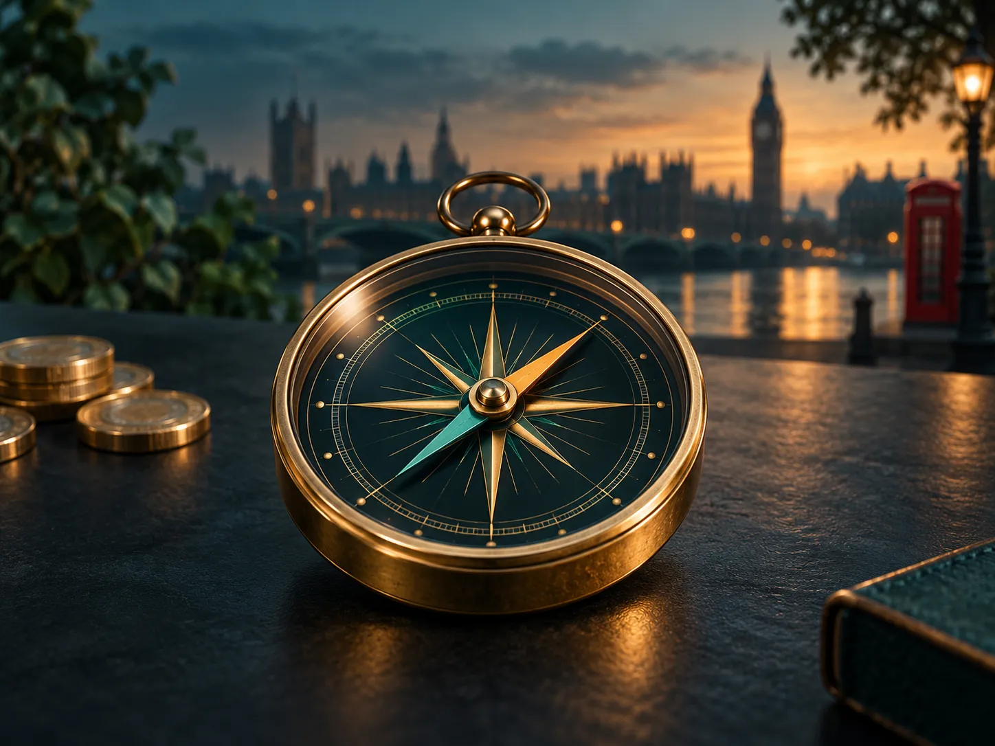 A brass compass resting on a dark teal table, softly lit with warm amber highlights, evoking trust and direction in UK casino