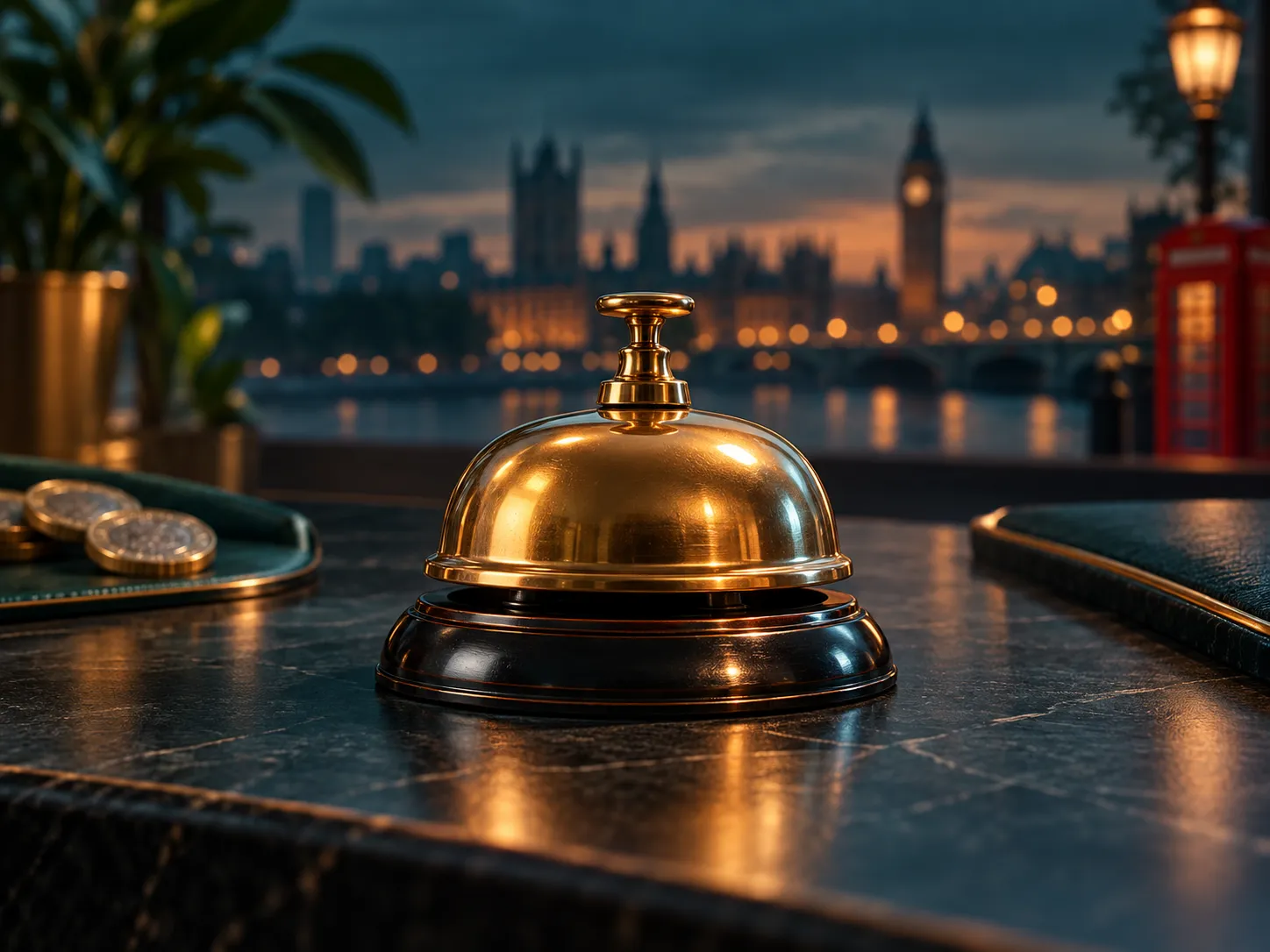 A gleaming concierge bell rests on a dark desk, bathed in warm amber light against a deep teal background, evoking trustworth