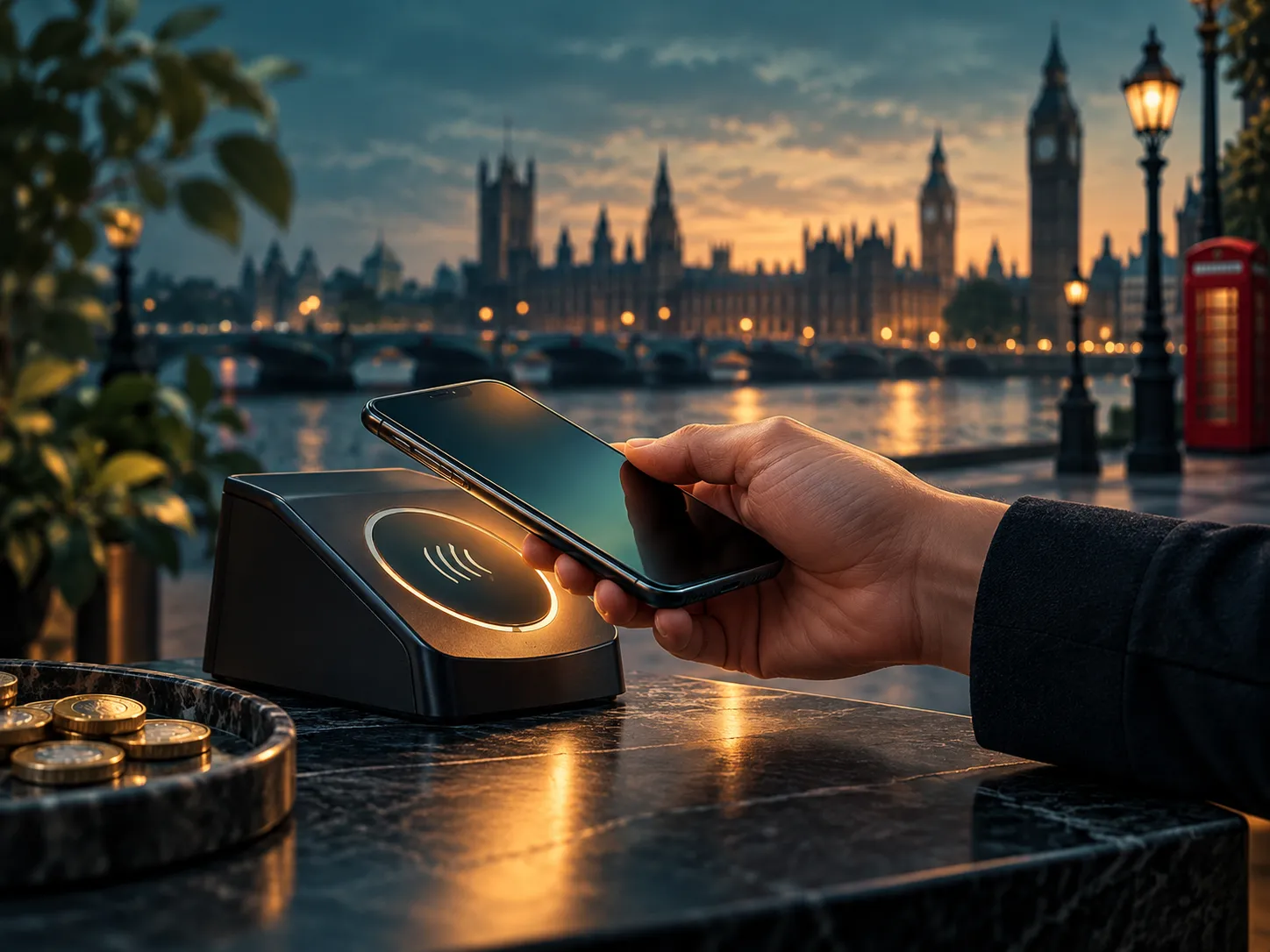 Abstract contactless payment gesture with a smartphone, deep teal and amber tones, subtle London skyline silhouette in backgr