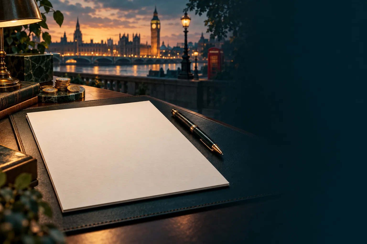 Semi-realistic editorial illustration of a contract document and pen on a dark teal desk, warm amber highlights, calm trustwo