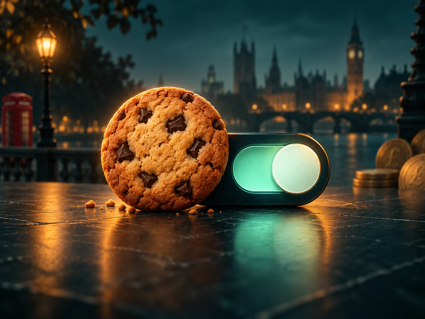 Minimalist cookie icon beside a toggle switch on deep teal background with amber and mint accents, UK editorial style