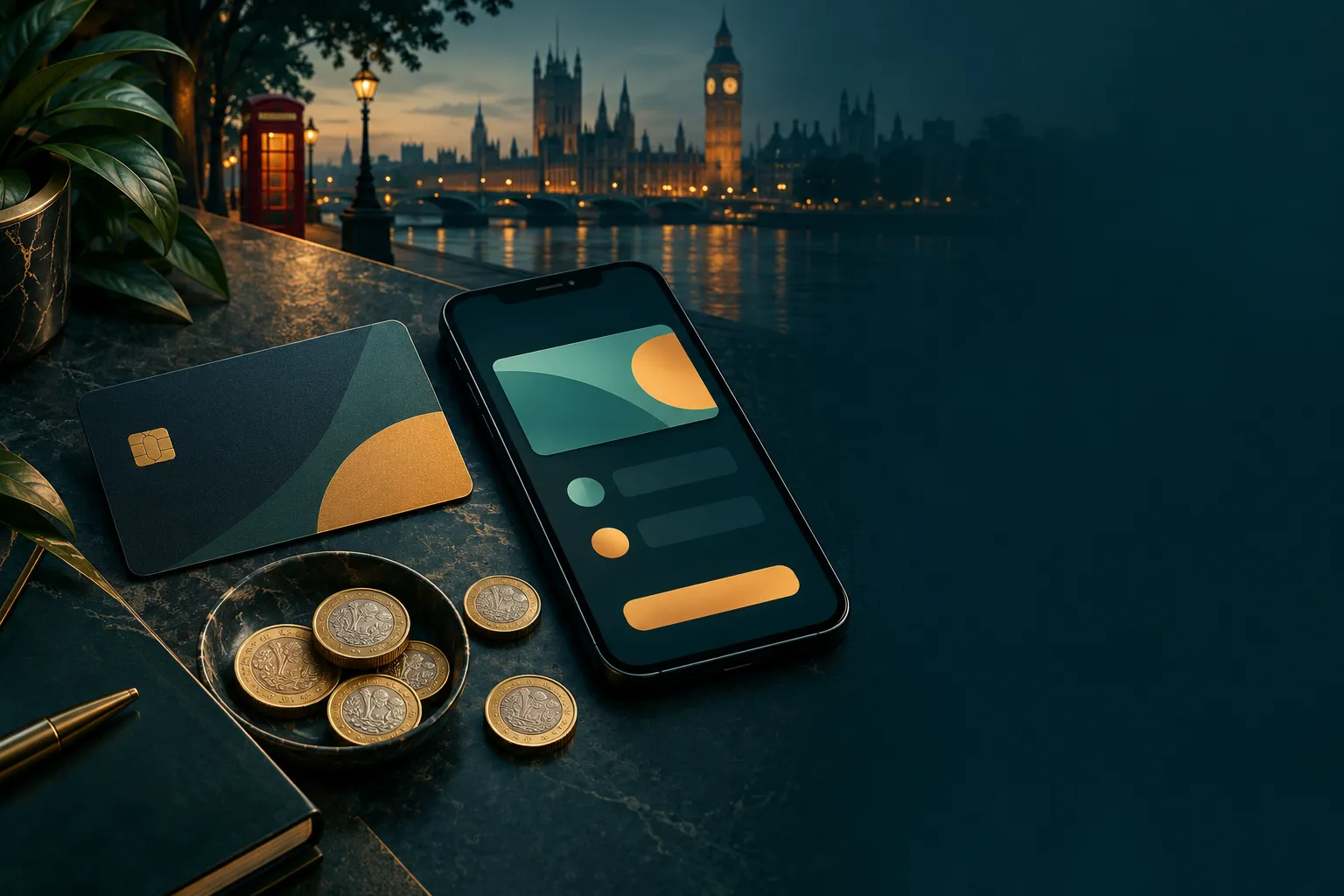 Flat lay of a debit card, smartphone showing abstract wallet app, and coins on a dark teal surface with warm amber highlights