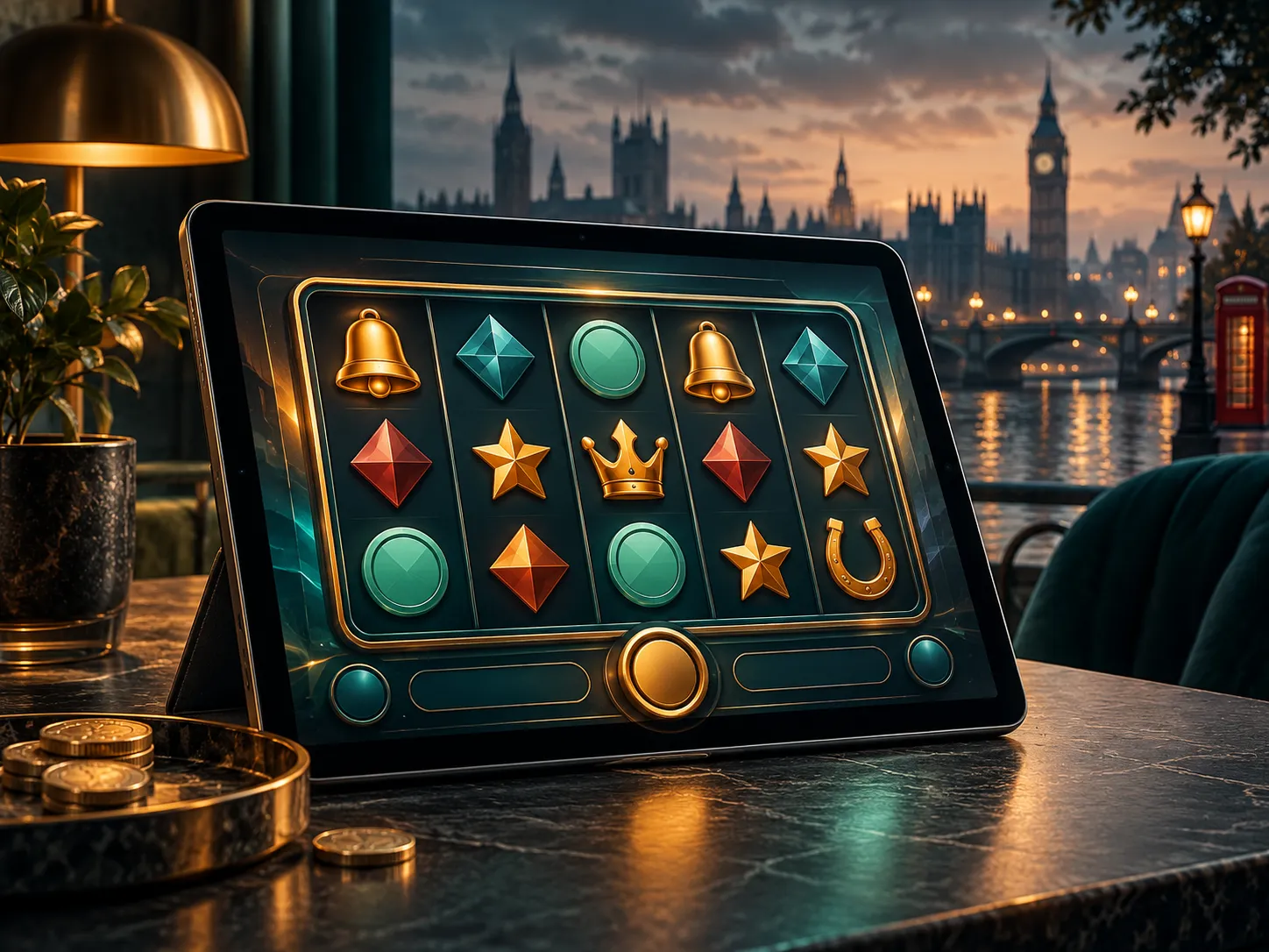 Abstract demo-mode slot game displayed on a tablet, illustrated in deep teal and amber tones with subtle UK cityscape accents