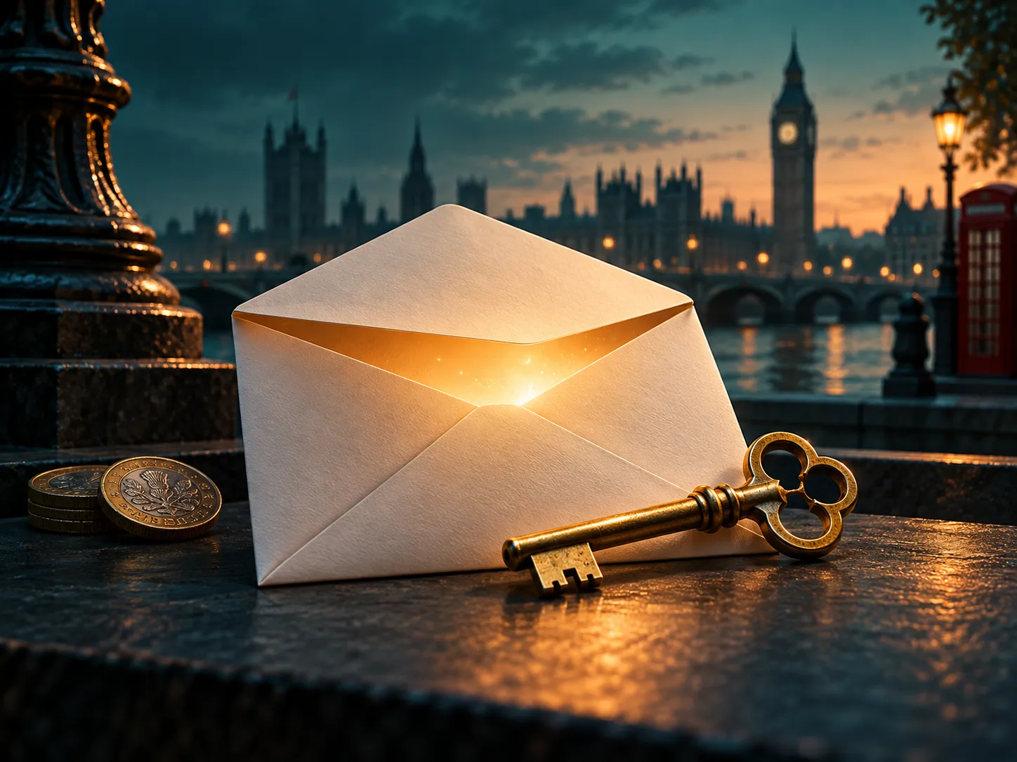 An envelope and key on a deep teal background, symbolising reopening, with warm amber highlights and soft mint accents in a c