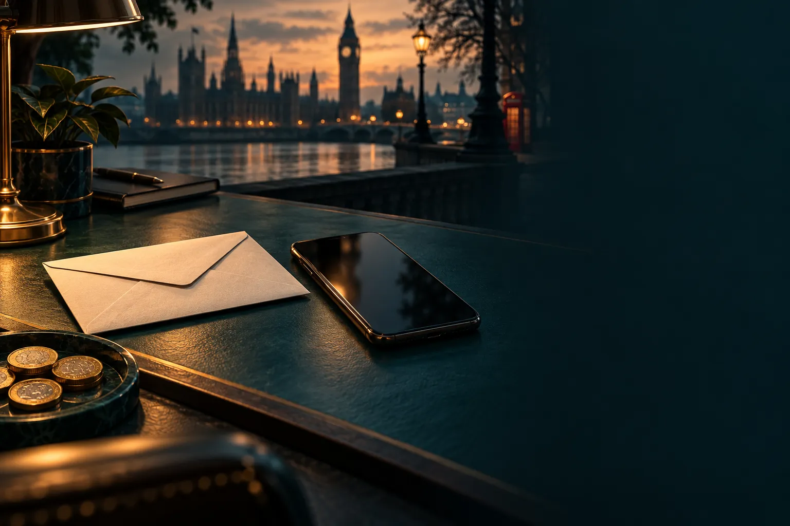 An envelope and smartphone rest on a deep teal desk, lit with warm amber accents, in a calm editorial style for a UK casino r