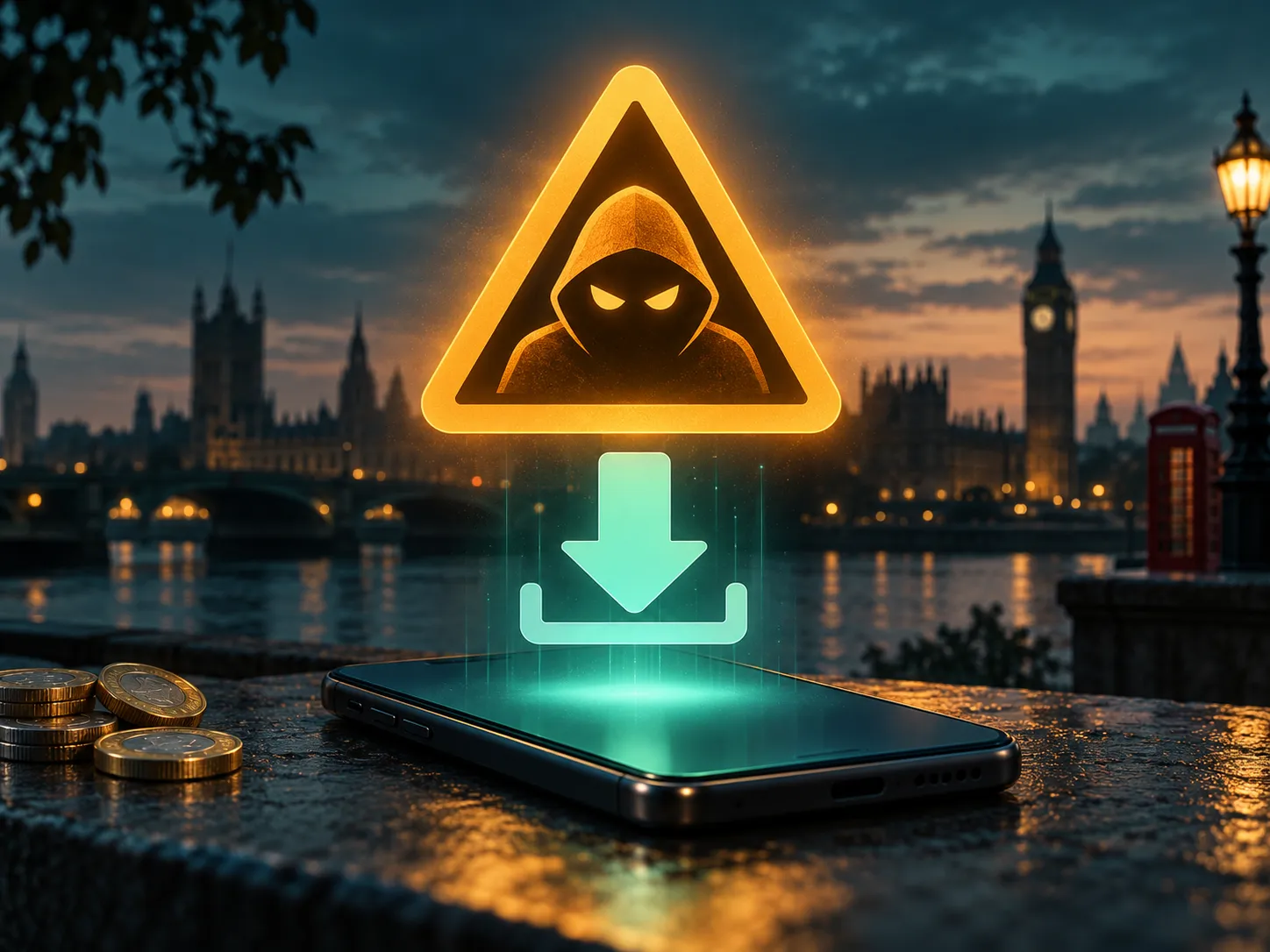 Warning sign overlaid on a download arrow icon illustrating the risk of fake APK files, in deep teal and amber tones