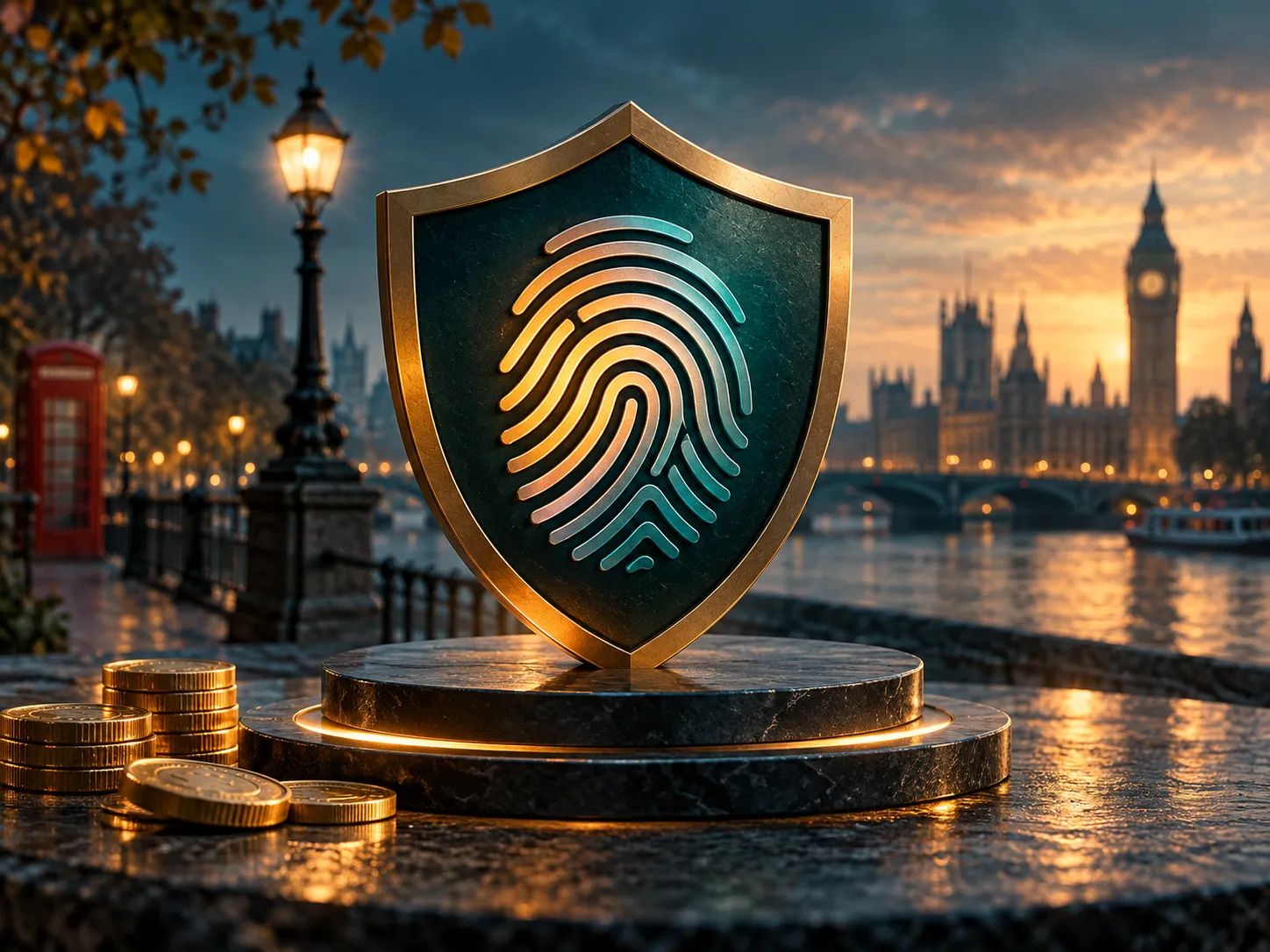 Abstract digital illustration of a fingerprint merging with a shield icon in deep teal and amber tones, evoking trust and ide