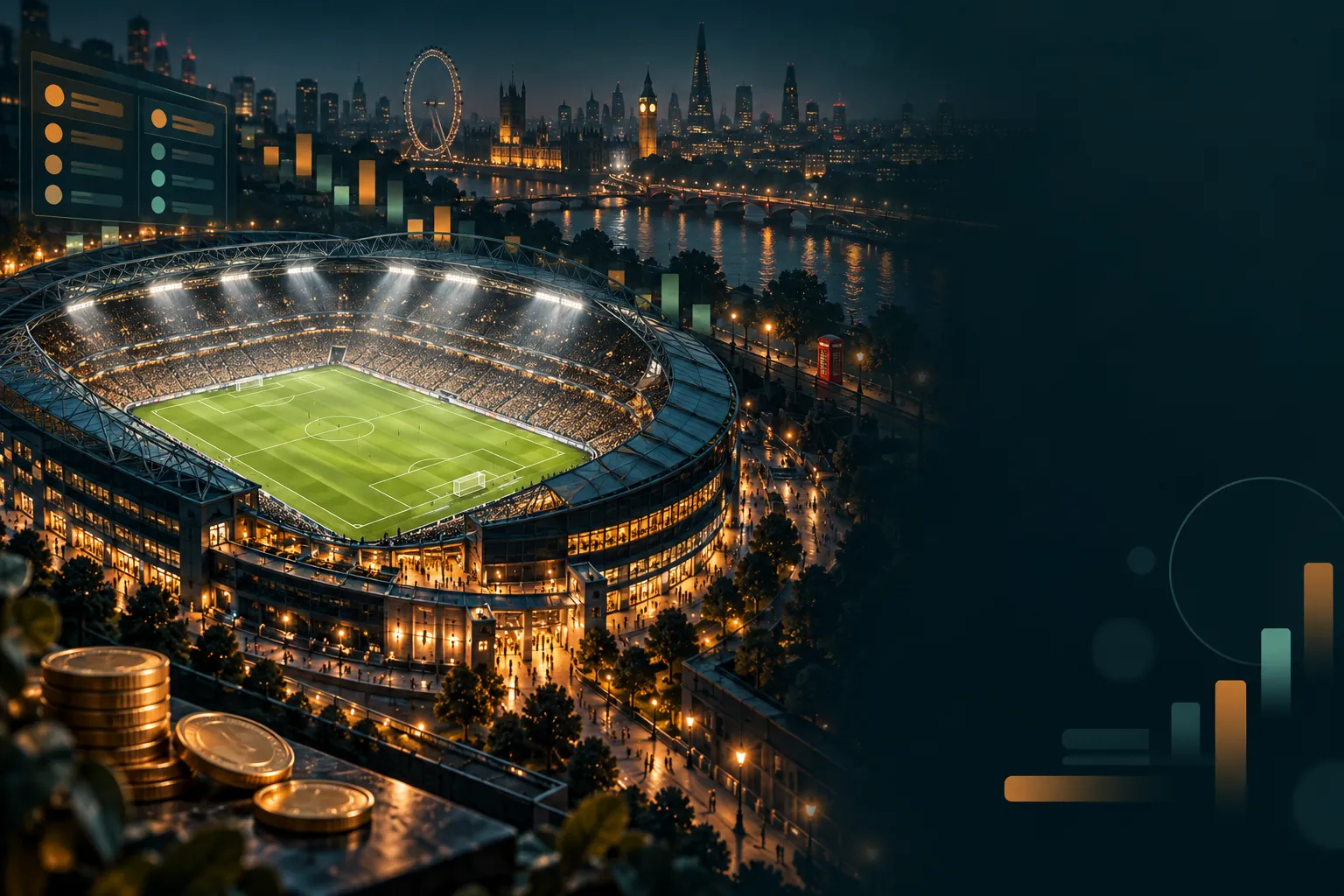 Aerial night view of a football stadium with abstract teal and gold odds panels, cinematic lighting on deep teal background