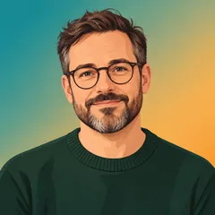 Stylised flat-vector bust portrait of a friendly bearded British man in his forties wearing glasses and a dark green jumper, 