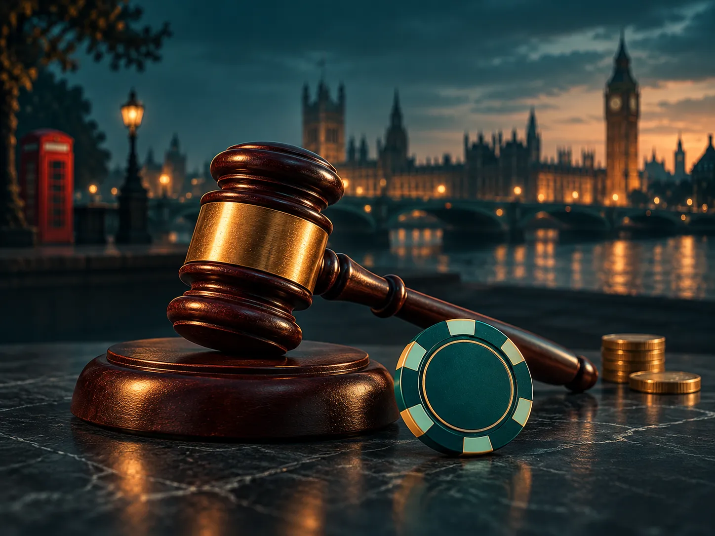 A wooden gavel resting beside a casino chip, rendered in deep teal and amber tones with soft cinematic lighting, suggesting U