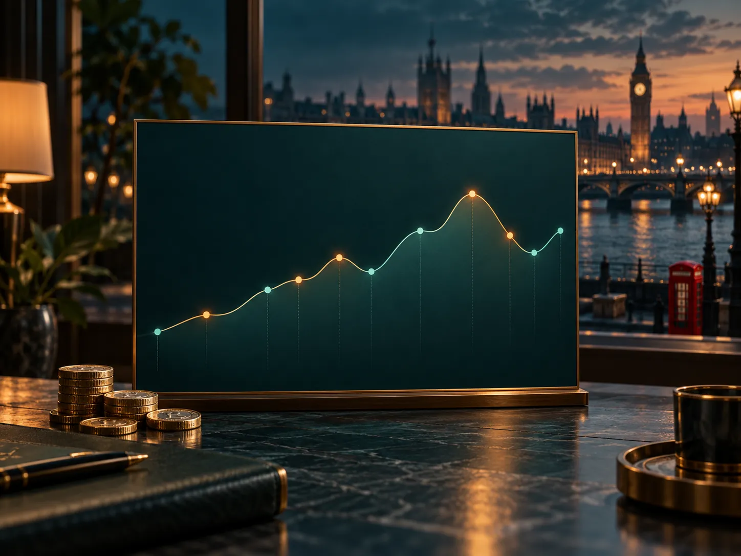 Minimalist graph drawn in glowing light lines against deep teal background with warm amber highlights, UK casino editorial il