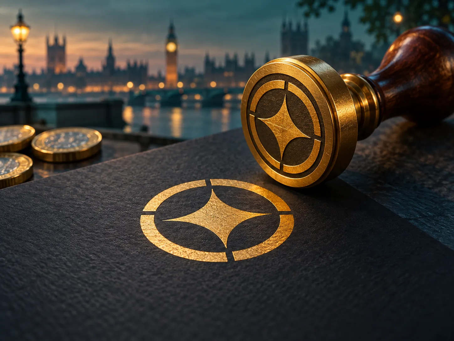 A gold stamped approval mark pressed onto dark textured paper, cinematic teal and amber tones, trustworthy editorial style