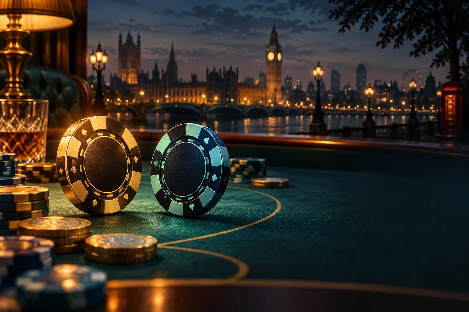 Two abstract casino chips, one gold and one blue, facing each other on a dark teal table with soft cinematic editorial lighti