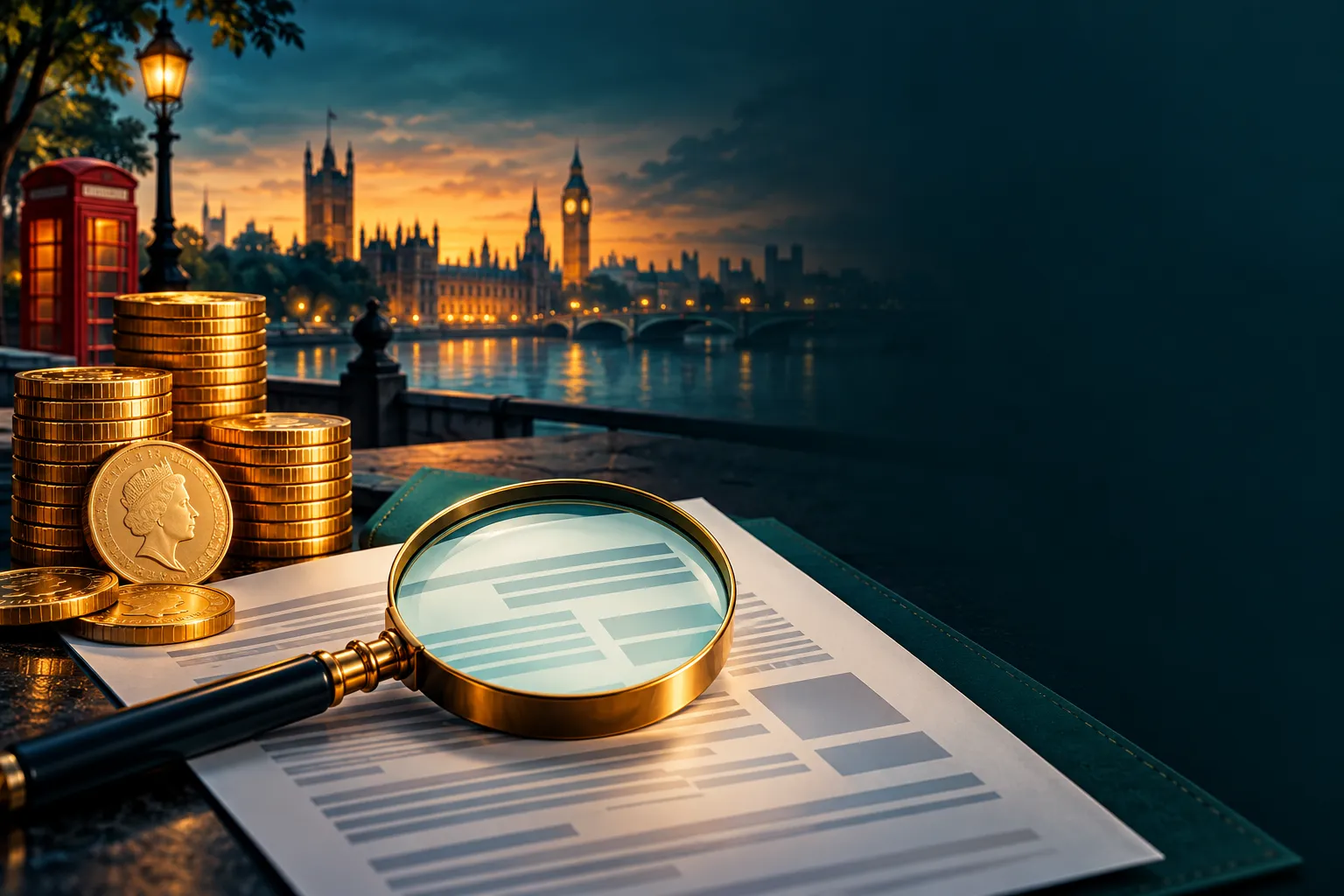 Stack of gold coins beside a magnifying glass examining a printed terms sheet on a deep teal background