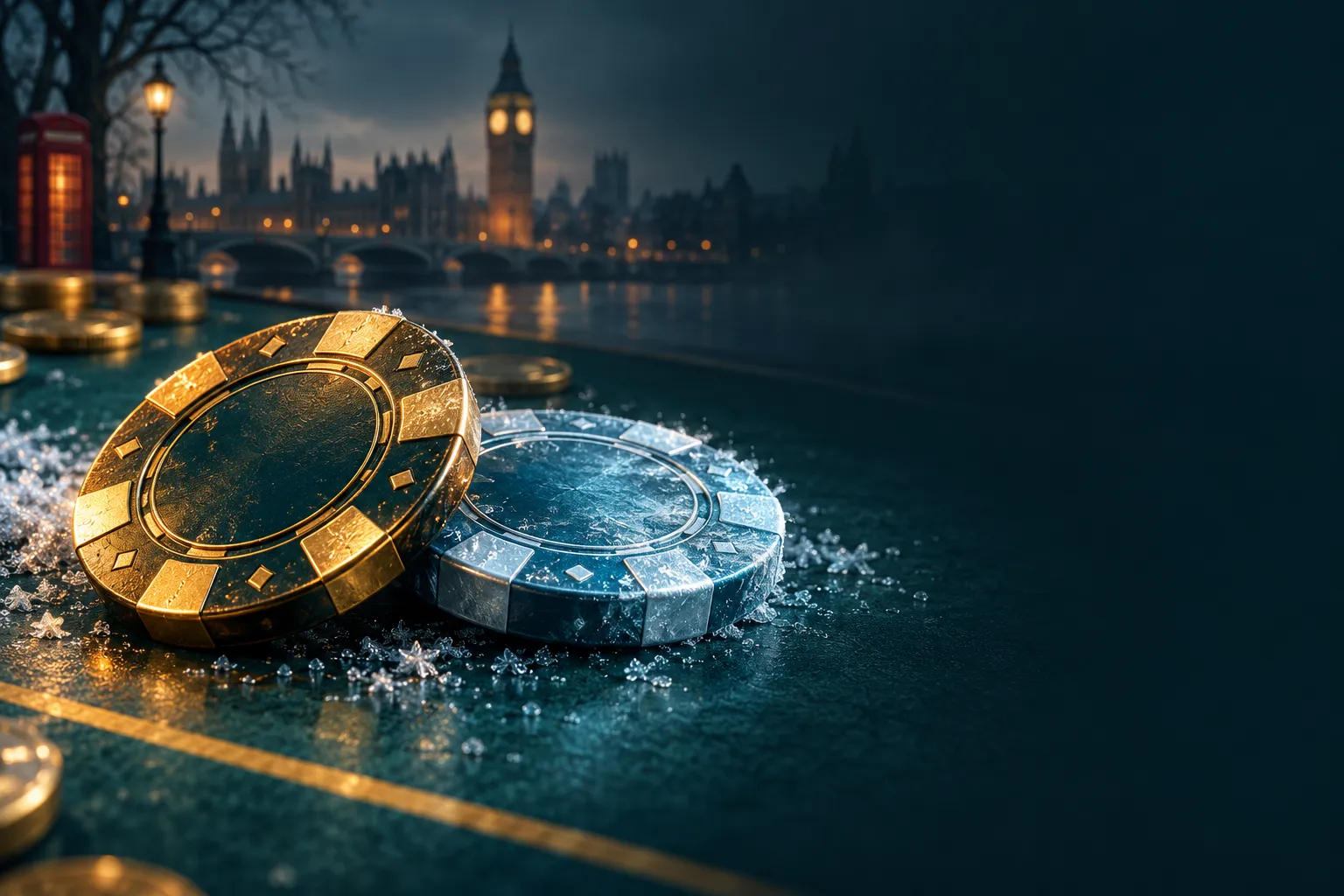 Two abstract gold and ice-blue casino chips resting on a dark teal frosted table, cinematic editorial style with warm amber h