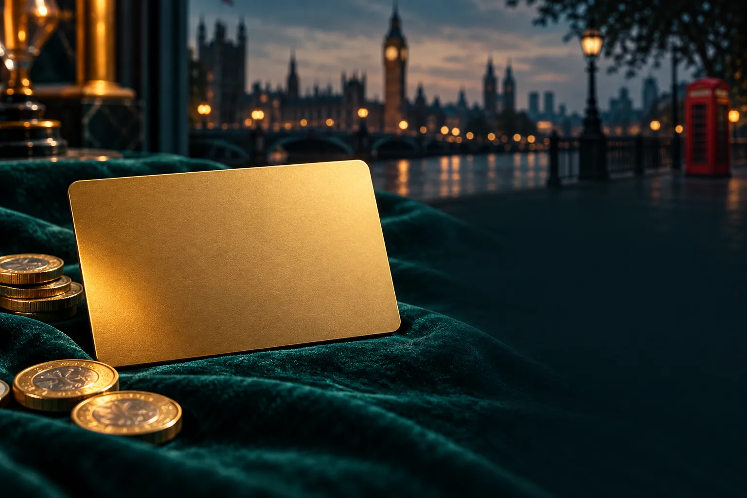 A gold membership card resting on dark teal velvet, softly lit with warm amber highlights, editorial casino review hero banne