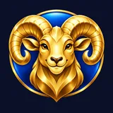 Cheerful glossy gold ram head with curled horns centered on a blue circular backdrop, flat casino brand emblem on deep navy